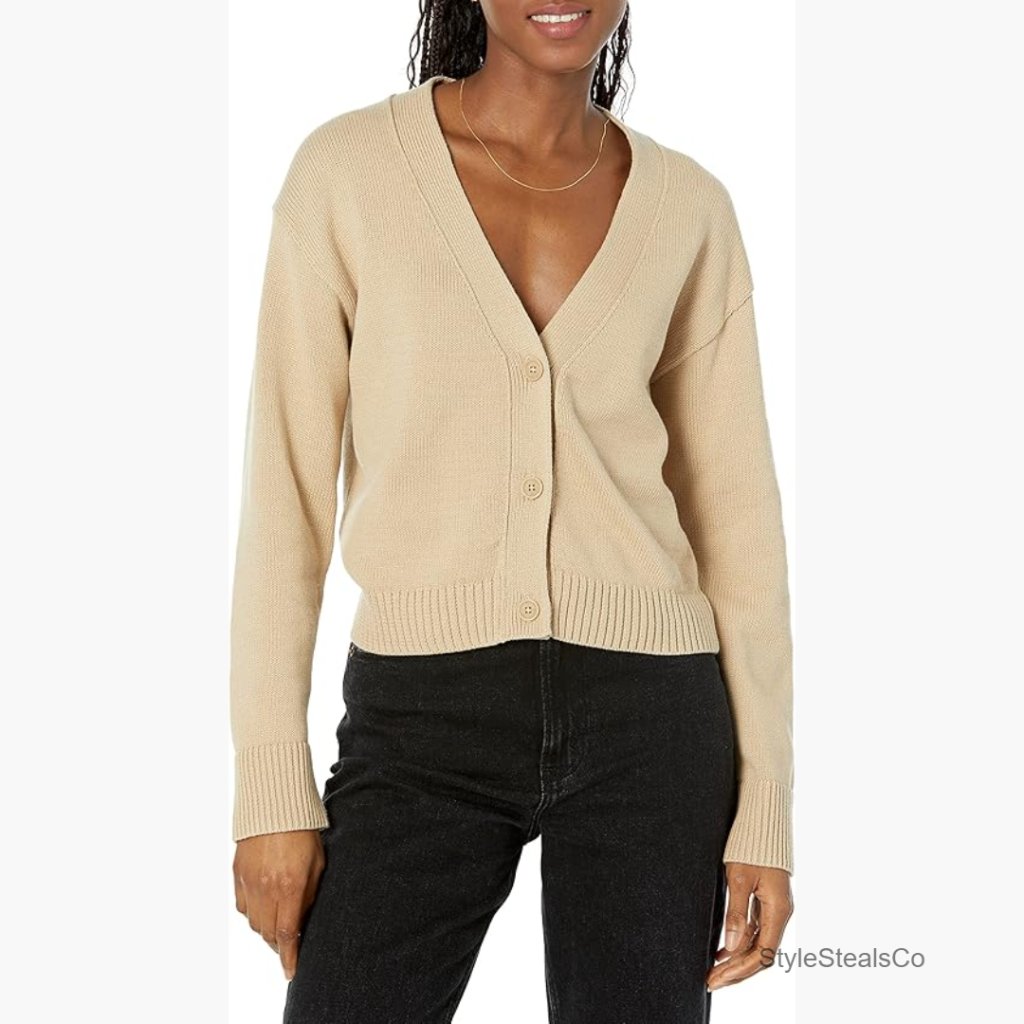Relaxed Fit V-Neck Cropped Cardigan, Ribbed Knit, Long Sleeve